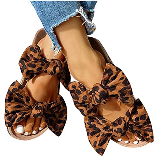 Rrunsv Damen Sandalen Frauen Rom Damen Sommer Leopard Schleife Flache Frauen Hausschuhe Flip Flops Riemchenpumps Slipper Sommerschuhe Bohemian Römersandalen Pantoletten Sandaletten Open Toe Schuhe