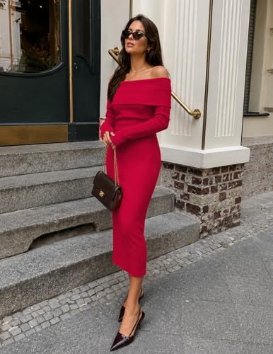 MEROKEETY Women's Winter Off Shoulder Bodycon Sweater Dress 2026 Spring Formal Long Sleeve Elegant Club Party Midi Dresses, Red, X-Large — view 5