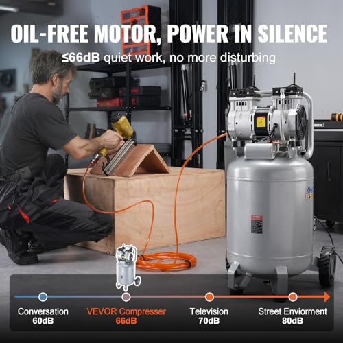 VEVOR 13-Gallon Air Compressor, 2HP, 4.6 SCFM@90PSI, Oil-Free Tank, 66dB Quiet Operation, Ideal for Tire Inflation, Woodworking, Auto Repairs, and Spray Painting (Maximum Pressure 125 PSI) - Image 3