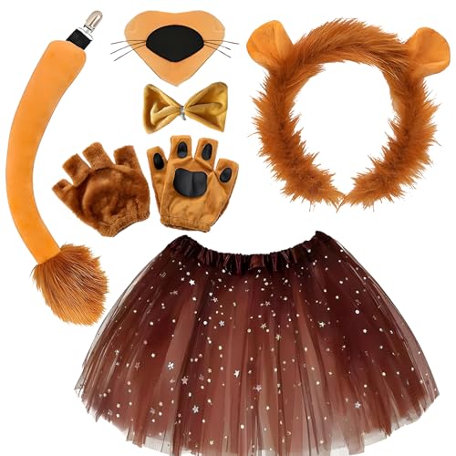 BOZILY Conjunto de León de 6 Piezas Elegante para Adultos: Diadema de Orejas, Cola, Nariz, Corbata, Guantes y Tutú, Kit Completo para Cosplay, Fiestas y Actuaciones en Escena