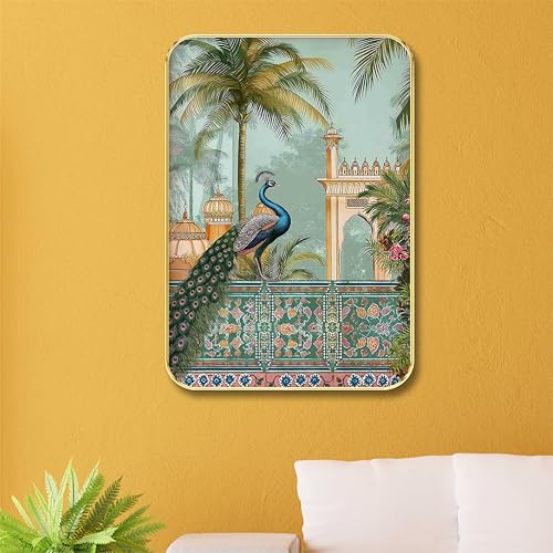 Image of Livin'luxe Royal Peacock Wall Art - Traditional Indian Palace-Inspired Framed Painting for Living Room & Hall - Ethnic Heritage Decor with Golden Frame (13 x 19 Inch) MG01-65