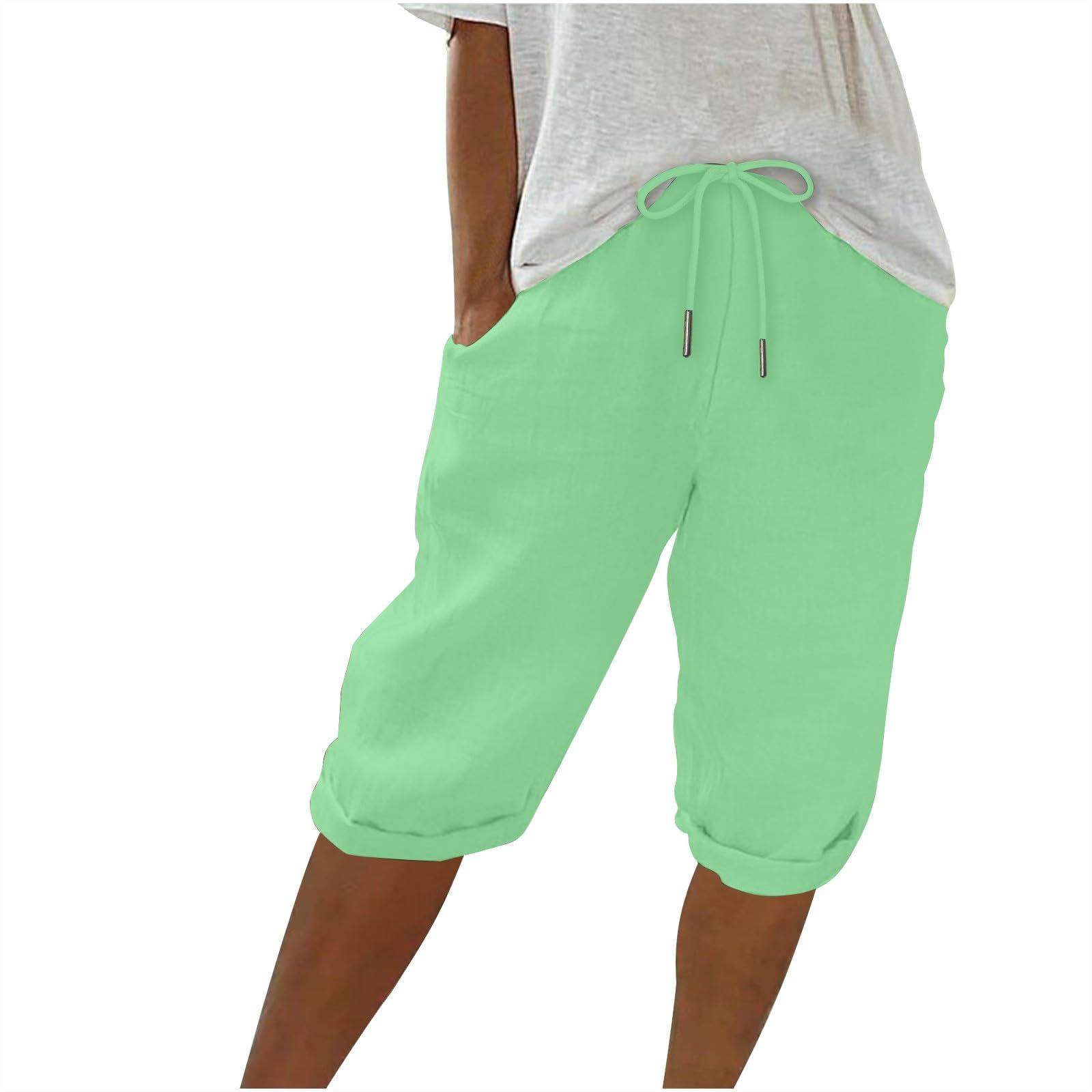 Keepink Linen Shorts for Women UK Elastic Waist Knee Length Summer Shorts Wide Leg Lounge Bermuda Bottom Athletic Short Jogger Bottoms Plus Size Sweat Pants S-3XL Clearance