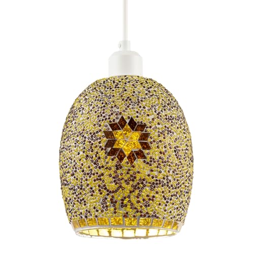 Image of Dome Shaped Pendant Light Shade with Glass Mosaic Beaded Construction | 20cm x 18cm | Starburst Geometric Motif in Amber and Gold Glass by Happy Homewares