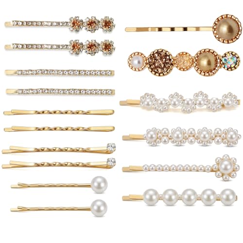 16Pcs Bobby Pins for Women Cute Rhinestone & Pearl Decorative Hair Clips Gold Hair Barrettes Hair Accessories for Everyday Fashion Style & Party (16 Gold)