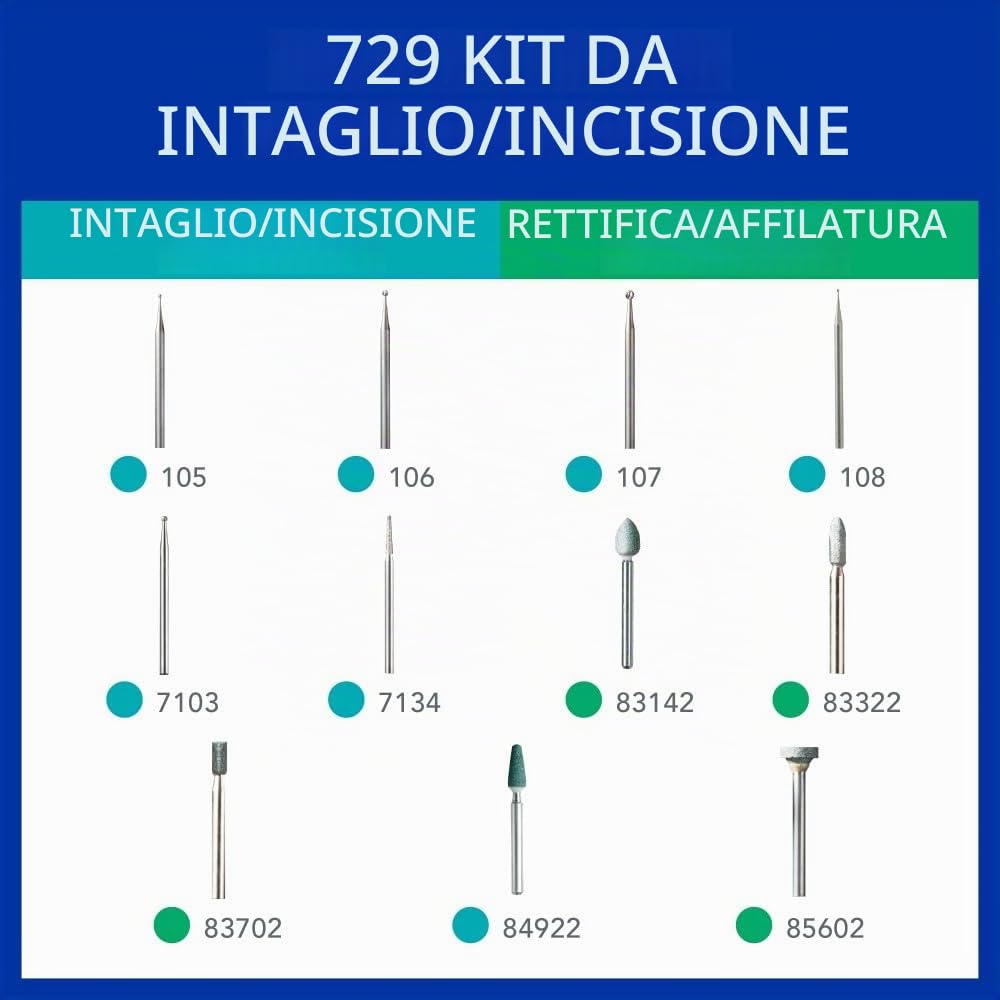 Dremel 729-01 - Kit di accessori per utensili rotanti per intaglio e incisione, 11 pezzi, include punte per incisione e pietre abrasive, ideale per legno, metallo e vetro