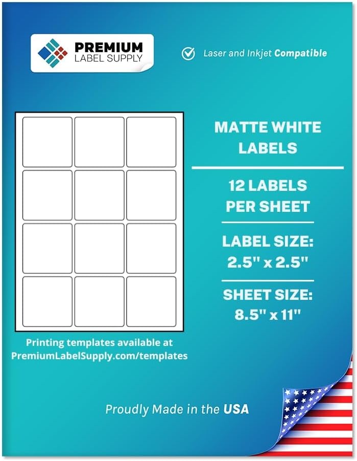 Premium Label Supply White Sticker Square Labels – 2.5" x 2.5" – Laser/Inkjet Compatible – (12 per Sheet), 25 Sheets – 300 Total Adhesive Labels