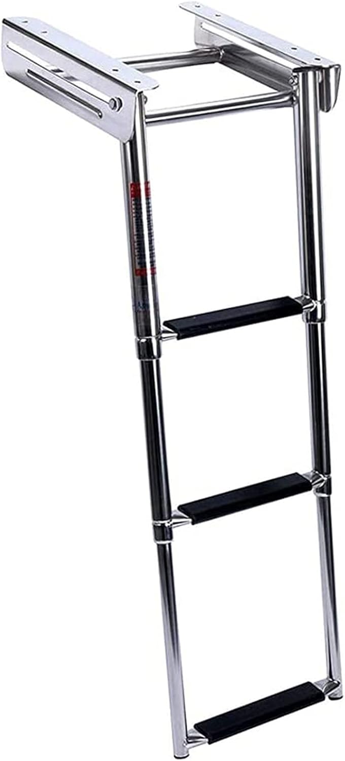 Swim Ladder Pool Ladders，3 Step Pontoon Boat Ladder,Foldable Premium Stainles Steel Marine Yacht Ladder,Swim Deck Ladder with Pedal,Slip-Proof Plastic Tread (Silver 3 Steps)