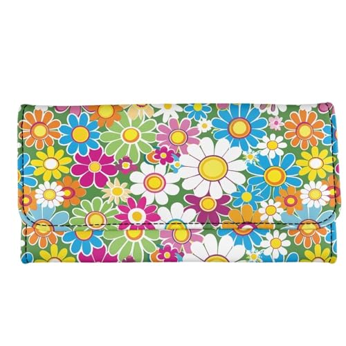 Image of AFPANQZ Colorful Hippie Flower Women Wallet Soft Leather Designe, RFID Blocking Large Capacity Shopping Outdoor Vintage Phone Holder Pockets