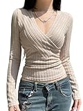 Canli4Y Casual Strick Langarmshirt mit V-Ausschnitt Damen Elegant Langarm Tops Basic Pullover Y2K Shirts Wrap Stretch Tops für Frauen, beige, M