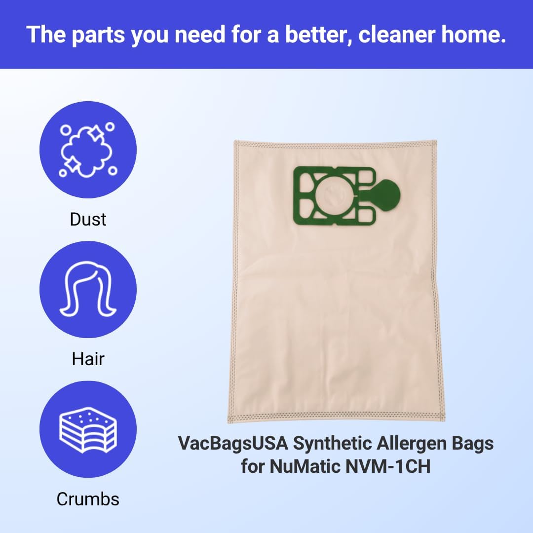 24-Pack Replacement Synthetic Allergen Vacuum Cleaner Bags for NuMatic Henry, Hetty, Basil, James – 3-Ply Filtration System Captures 99.7% of Particles – VacBagsUSA.