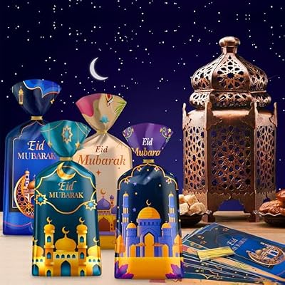 100 Pcs Ramadan Goodie Bag - Eid Mubarak Gift Bags, Ramadan Mubarak Plastic Cellophane Bags, 4 Styles Ramadan Goody Candy Favor Treat Bags with Gold Twist Ties for Islamic Muslim Eid Mubarak Party