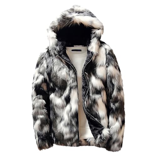 Men's Casual Warm Leopard Faux Fur Coat Open Front Zipper Hooded Faux Fleece Jacket Winter Classic Cozy Outerwear