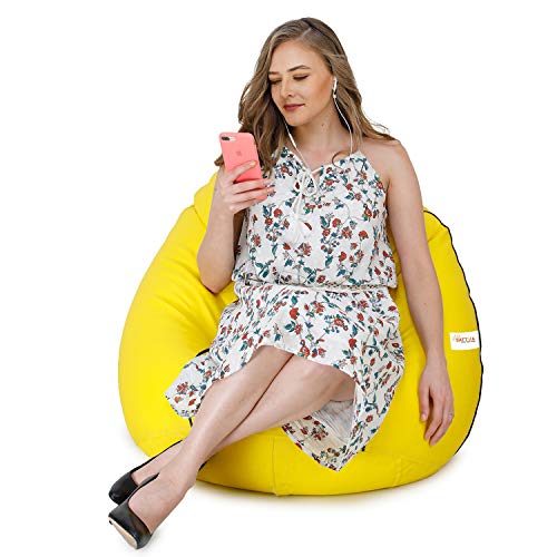 Image of Sattva Classic XL Bean Bag Filled with Beans | Premium Leatherette Bean Bag for Adults & Kids | Comfortable Seating for Bedroom, Lounge, Study Room & Living Room - Yellow with Navy Blue Piping
