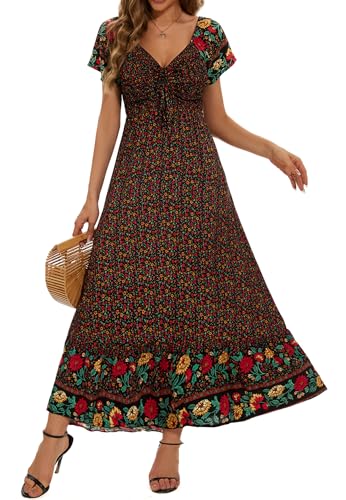 Image of Summer Smocked Boho Maxi Dress for Women 2026 Short Sleeve Floral Smocked Flowy Ruffled Beach Vacation Dresses Lightweight