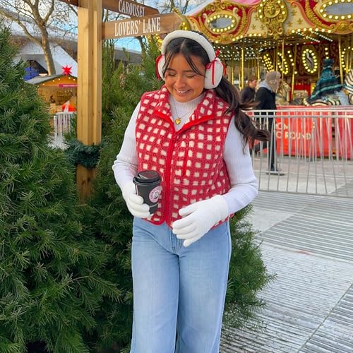 Womens Checkered Sherpa Vest Sleeveless Winter Fleece Jacket High Neck Zip Up Plaid Gilet with Chest Pocket4