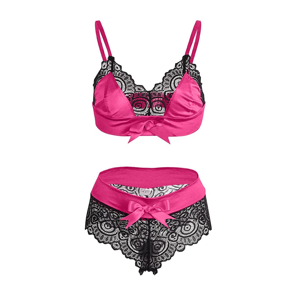 Conjunto de lencería con Sujetador de Encaje con Cuello en V y Lazo Sexy para Mujer