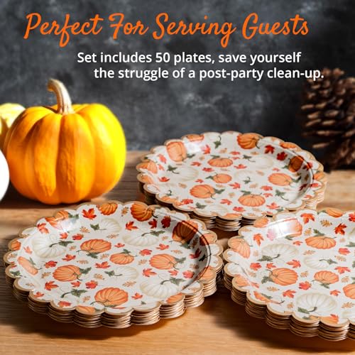 Image of Confettiville Thanksgiving Paper Plates, 50-Count Disposable Thanksgiving Dinner Plates, Scalloped, Party Supplies, Pumpkins, Pale Yellow