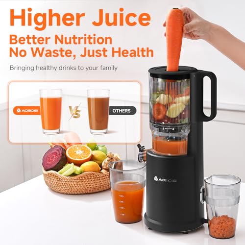 Image of Cold Press Juicer with 5.4 inch Wide Feed Chute - Slow Masticating Juicer Extractor for Whole Fruits & Vegetables - Quiet Motor, Easy to Clean with Brush - High Juice Yield - Black