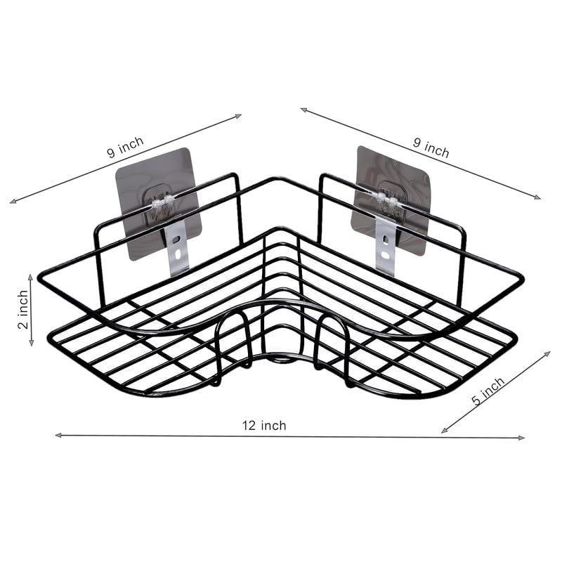 Image of Puno Steel Corner Shelf Rack (Pack of 2) - No Drill Self Adhesive Bathroom Wall Organizer | Matte Black Rustproof Kitchen Storage Rack for Toiletries & Bottles