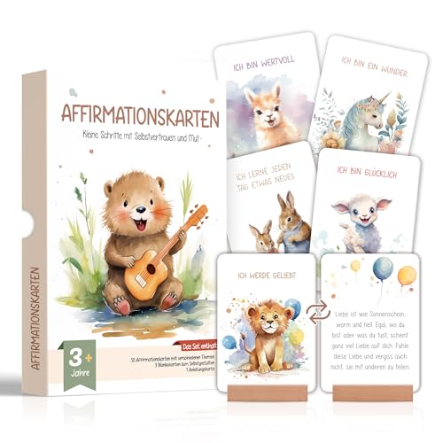 Legezon Affirmationskarten Kinder ab 3 55 liebevolle Karten für mehr Selbstvertrauen Gefühle & Achtsamkeit mit Holzständer & Geschenkbox Mutmacher Set inkl. 4 Blankokarten zum Selbstgestalten