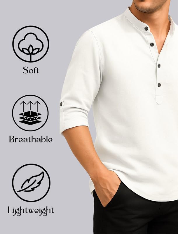 Image of DEEMOON Men's Cotton Blend Solid Regular Fit Full Sleeve Short Kurta | Men's Trendy Short Kurta