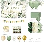 Happy Birthday Decorations For Women Men,Birthday Backdrop,Banner Balloons,Table Cloth,Paper pom poms Party Supplies for Girls Boys (Sage Green) - Image 2