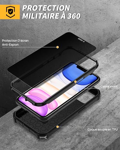 Coque iPhone 11 Lanhiem antichoc noire avec protège-écran espion