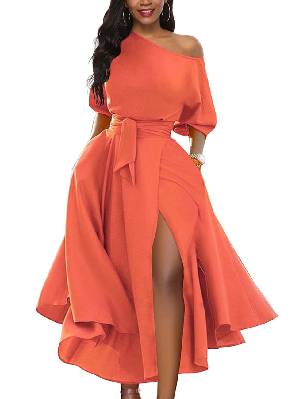 Mohan Yimei off-shoulder short-sleeved split slit over-the-knee dress for women 2024 summer new round neck pleated skirt