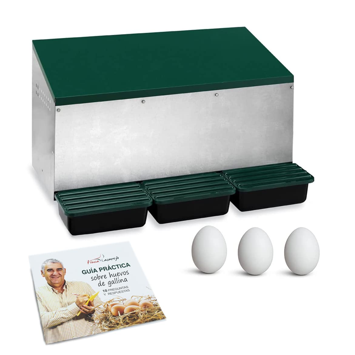 FINCA CASAREJO Ponedero para gallinas inverso - 3 Huecos - Fabricado en Chapa galvanizada - Incluye 3 Huevos Falsos y una Guía Práctica sobre los Huevos de Gallina