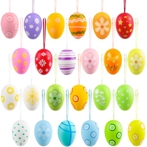 24 Stück Ostern Hängende Eier Baumschmuck,Bunte Kunststoff-Ostereier...