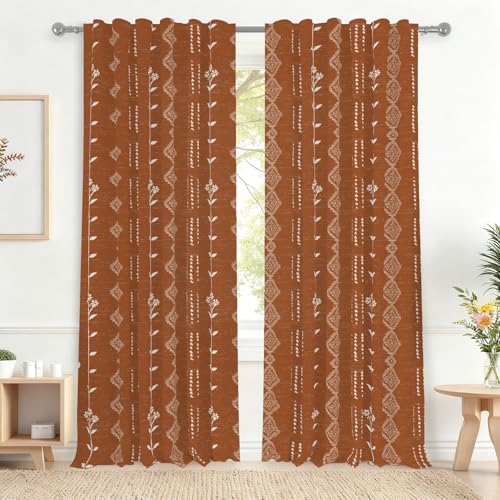 Renaiss 53 x 96 Inch Terracotta Boho Kitchen Curtains Tier Linen Striped Geometric Cafe Short Curtains Bohemian Light Filtering Curtain Rod Pocket Farmhouse Retro Small Drapes for Bathroom 2 Panels