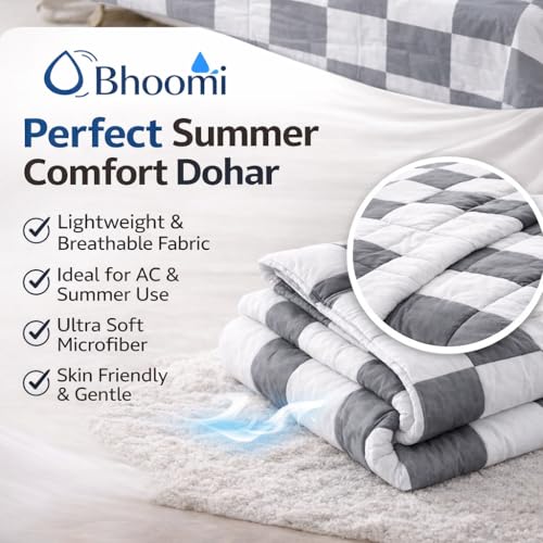 Image of Single Bed Dohar Classic Grey Checkered | Lightweight Summer Quilt | Soft Microfiber AC Blanket | Breathable All Season Comforter | Skin Friendly Bed Cover