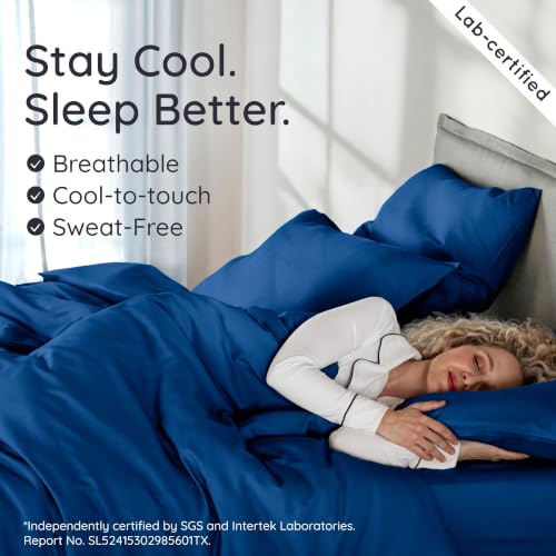 Image of Bambaw Queen Size Duvet Cover Set 3pcs 100% Viscose Derived from Bamboo, Cooling, Super Soft Bedding Set, Luxury, No Comforter (Navy Blue)