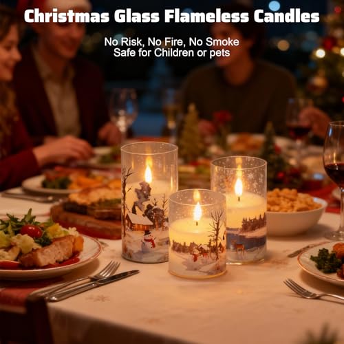 Image of Wondise Chrismtas Snowman Glass Flameless Candles with Remote Timer, Battery Operated Real Wax 3D Wick LED Flickering Pillar Candles for Christmas Decoration Thanksgiving Holiday Gift
