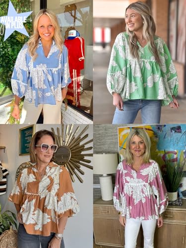 Tankaneo Womens Floral Peplum Babydoll Tops 3/4 Puff Sleeve Pleated Blouse Cute Casual V Neck Loose Fit Flowy Boho Shirts4
