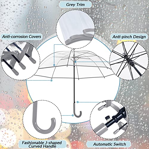 12 Pack Clear Umbrella Wedding Style Stick Umbrellas Large Canopy Windproof Transparent Stick Umbrellas Wedding Rain Transparent Umbrellas Bulk Auto Open J Hook Handle (Gray Edge Black Handle) #TOP3