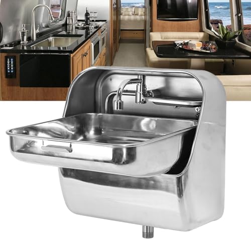 RV Wall-Mounted Sink,304 Polished Stainless Steel Wall Mount Sink with Rotatable Faucet, Hidden and Space-Saving Wash Basin for RV Boat Kitchen