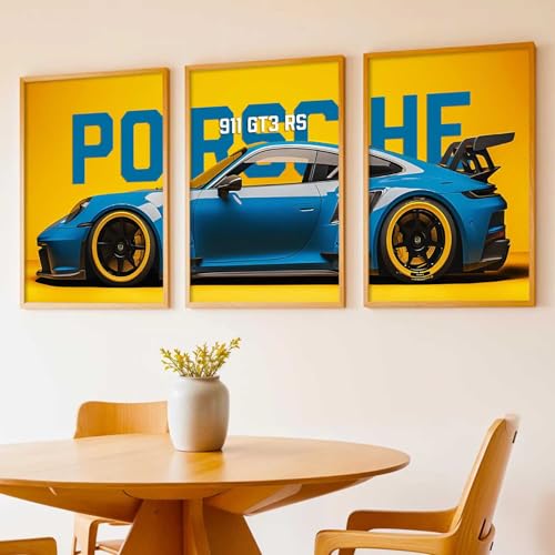 Image of HOMESY Sports Car Framed Posters Gift Items for Boys Room | Wall Decoration for Bedroom Living Room Office Gaming Room Decor | Sports Car Poster with Frame for Wall Decor Set Of 3 Size (13x17 inch, BROWN)
