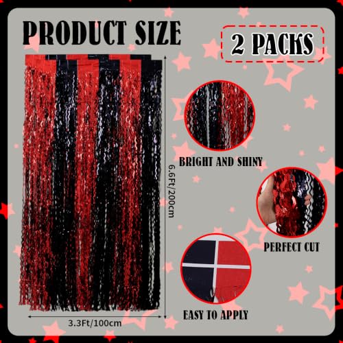 Image of TONIFUL 2Pcs Wavy Black Red Metallic Foil Fringe Curtain Laser Streamers