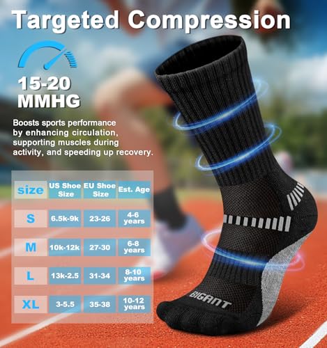 Bigant Boys Socks Cushioned Compression Athletic Crew Socks Running Arch Support for 4-12 Years Old Gilrs Kids Youth 4 Pairs2