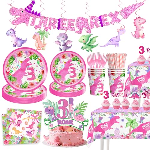 hanviync Three Rex Birthday Decorations for Girls,220 Pieces Set for 30 Guests, Includes Tableware, Banner, Hanging,cake Topper, Tablecloth- Perfect for 3rd Pink Dinosaur Themes Party Kids