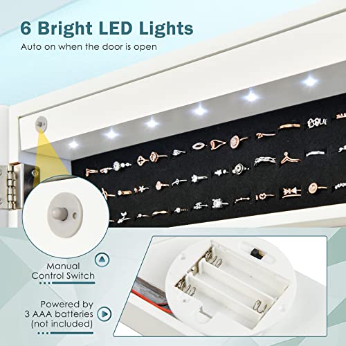 Charmaid 6 Leds Jewelry Armoire Wall Mounted Or Door Hanging, 47.2" H Frameless Full-Length Mirror, 6 Shelves, 3 Brush Boxes, Lockable Jewelry Cabinet Organizer With Large Storage Capacity (White) #TOP4