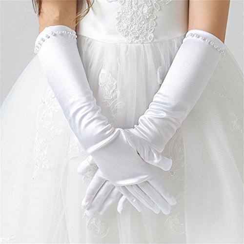 Fashion Kids White Gloves Stretch Satin Long Finger Gloves For Flower Girl Children Party Beading Long Gloves kids2