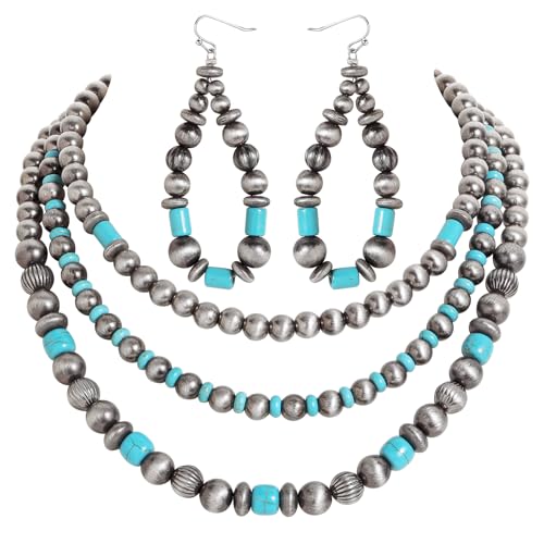 Collar de perlas navajo de 3 capas y aretes bohemios estilo vaquera