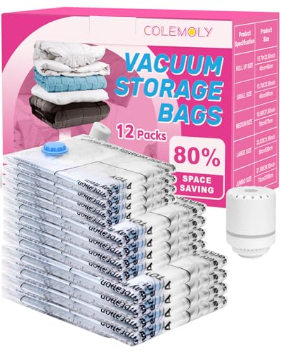 Colemoly Vacuum Storage Bags with Electric Air Pump 12 Pack Space Saver Vacuum Seal Bags for Clothing, Travel Essentials, Storage and Organization, Moving Supplies(4 Jumbo/ 4 Large/ 4 Medium)