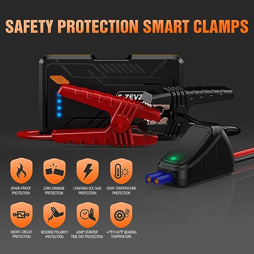Image of S ZEVZO Jump Starter Portable Jump Starter for Car 12V Auto Battery Booster Pack with Smart Clamp Cables, USB Charge, LED Flashlight Jump Box