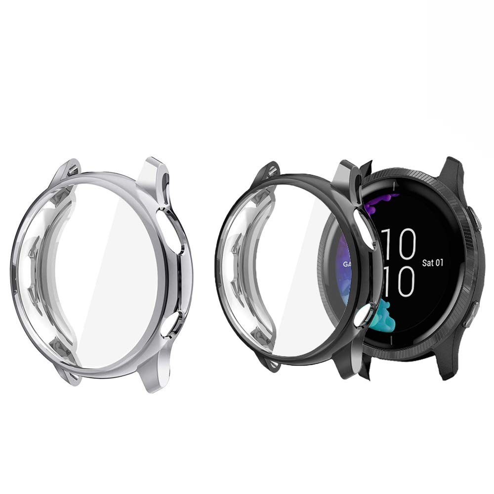 Compatible for Garmin Venu Case, Blueshaw All-Around Protective TPU Bumper Cover Screen Protector Case Cover Compatible for Garmin Venu GPS Smartwatch (2 Pack-Black+Silver)-image-2