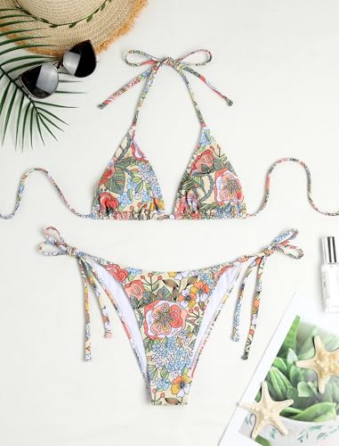 Image of ZAFUL Womens Printed Triangle Bikinis 2 Piece Halter Bikini Sets High Cut Bathing Suit Side Tie Swimsuits