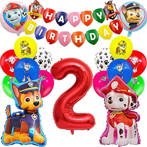 Pat Patrouille Anniversaire,Anniversaire Pat Patrouille Kit,24 Paw Dog Ballons Latex+Pat Banner Anniversaire+4 Ballon Pat Patrouille+Ballon Numéro 2 pour Enfants Pat Patrouille Anniversaire