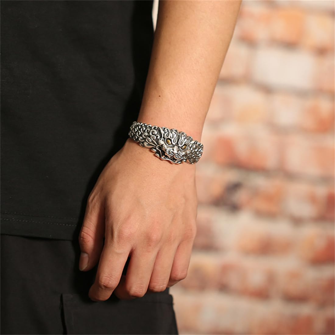Pulsera plata ley S925 estilo retro chino, pulsera la suerte plata ley abierta y ajustable personalizada hombres y mujeres